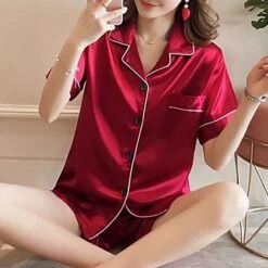 Women's Pajamas Sets Nighty Pjs 2 Pieces Pure Color Fashion Simple Comfort Home Daily Bed Satin Breathable Lapel Short Sleeve Shorts Elastic Waist Spring Summer Green Blue / Silk -Deals The Sexy Bra Store cbypow1637840356588