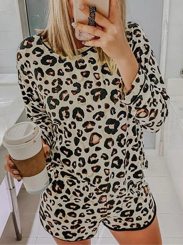 Women's Leopard Print Lounge Sets Fashion Casual Soft Home Daily Bed Polyester Breathable Crew Neck Long Sleeve T Shirt Tee Shorts Pocket Elastic Waist Summer Fall Pink Brown 4 Women's Leopard Print Lounge Sets Fashion Casual Soft Home Daily Bed Polyester Breathable Crew Neck Long Sleeve T Shirt Tee Shorts Pocket Elastic Waist Summer Fall Pink Brown - Image 4