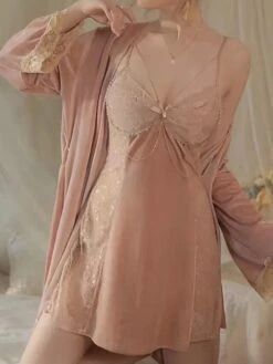 Women's Velvet Slip Lingerie Sets Bathrobe Nightgown Dress Pure Color Warm Fashion Home Daily Bed Warm Summer Spring Black Suspenders Burgundy Suspender + Robe -Deals The Sexy Bra Store ccblqy1697074769618