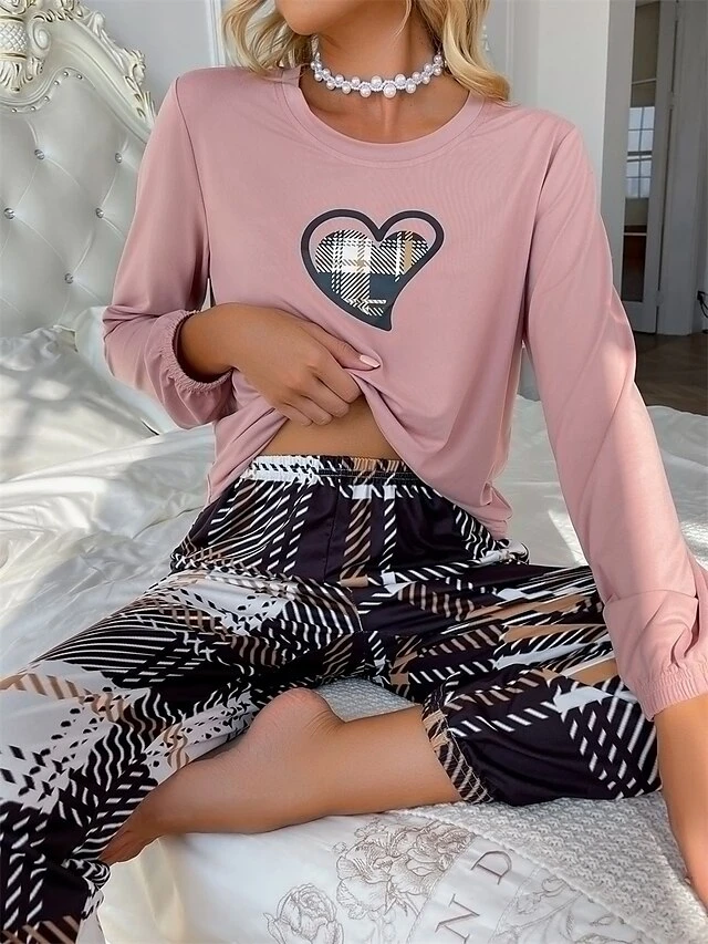 Women's Loungewear Sets Heart Grid / Plaid Simple Casual Comfort Home Daily Bed Polyester Breathable Crew Neck Long Sleeve T Shirt Tee Pant Fall Winter Lotus Pink 5 Women's Loungewear Sets Heart Grid / Plaid Simple Casual Comfort Home Daily Bed Polyester Breathable Crew Neck Long Sleeve T Shirt Tee Pant Fall Winter Lotus Pink - Image 5