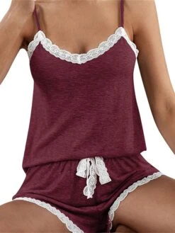 Women's Pajamas Sets Pure Color Casual Comfort Soft Home Daily Bed Polyester Breathable Straps Sleeveless Strap Top Shorts Backless Fall Winter Claret Army Green -Deals The Sexy Bra Store cchqxb1694742393399