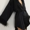 Women's Pajamas Bathrobe Robes Gown Pure Color Simple Casual Comfort Wedding Party Satin Breathable V Wire Long Sleeve Feather Fall Winter Black White