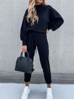 Women's Lounge Sets Sweatshirt Drawstring Pants Pure Color Fashion Comfort Soft Street Daily Vacation Polyester Breathable Crew Neck Long Sleeve Pant Elastic Waist Summer Fall Black Khaki -Deals The Sexy Bra Store cdlpju1689845879099