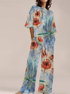 Women's Loungewear Sets 2 Pieces Flower Simple Comfort Sweet Home Daily Polyester Breathable Crew Neck Short Sleeve Pullover Pant Pocket Summer Spring Yellow Red -Deals The Sexy Bra Store cdmxkb1685616201488