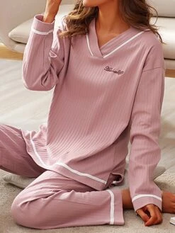 Women's Pajamas Pajama Top And Pant Sets Stripe Fashion Casual Comfort Home Daily Bed Cotton Breathable V Wire Long Sleeve T Shirt Tee Pant Summer Fall Light Pink Pink