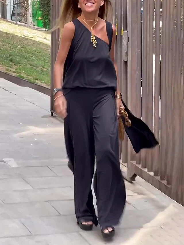 Women's Sets 4 Pcs Cotton And Spandex One Shoulder Shirt Long Vest Cardigan And Wide Leg Pants Pure Color Comfort Soft Home Daily Jersey Summer Spring Black Gray 5 Women's Sets 4 Pcs Cotton And Spandex One Shoulder Shirt Long Vest Cardigan And Wide Leg Pants Pure Color Comfort Soft Home Daily Jersey Summer Spring Black Gray - Image 5