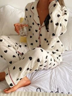 Women's Plus Size Heart Print Pajama Sets Simple Casual Comfort Home Daily Bed Polyester Breathable Lapel Long Sleeve Shirt Pant Button Summer Fall White -Deals The Sexy Bra Store cgobbj1689581302154