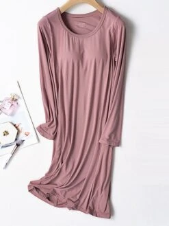 Women's Modal Nightgown With Chest Pads Nightdress Pure Color Simple Casual Comfort Home Daily Bed Breathable Crew Neck Long Sleeve Fall Winter Black Pink -Deals The Sexy Bra Store chkojb1696839103205