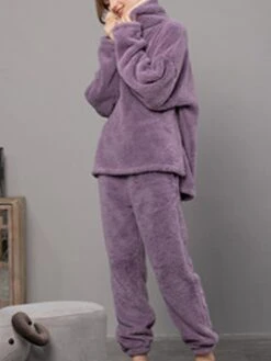 Women's Pajamas Sets Pure Color Simple Comfort Plush Home Daily Flannel Warm Hoodie Long Sleeve Pant Elastic Waist Fall Winter Red Purple -Deals The Sexy Bra Store chvziy1692257117478