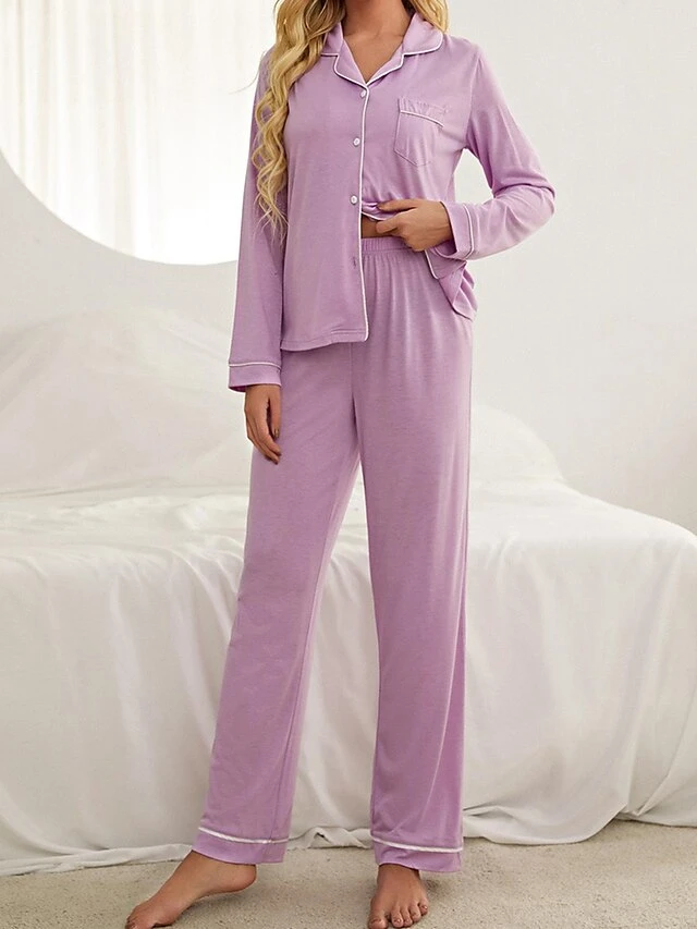 Women's Pajamas Pants Sets Pure Color Casual Comfort Soft Daily Bed Polyester Breathable Lapel Long Sleeve Pant Pocket Elastic Waist Fall Winter Pink Gray 7 Women's Pajamas Pants Sets Pure Color Casual Comfort Soft Daily Bed Polyester Breathable Lapel Long Sleeve Pant Pocket Elastic Waist Fall Winter Pink Gray - Image 7