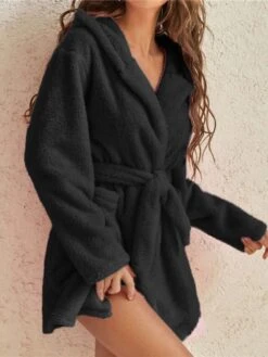 Women's Fleece Robes Gown Pjs Pure Color Simple Plush Comfort Home Daily Bed Warm V Wire Long Sleeve Pocket Fall Winter Black Gray -Deals The Sexy Bra Store ckqmyt1665661973891