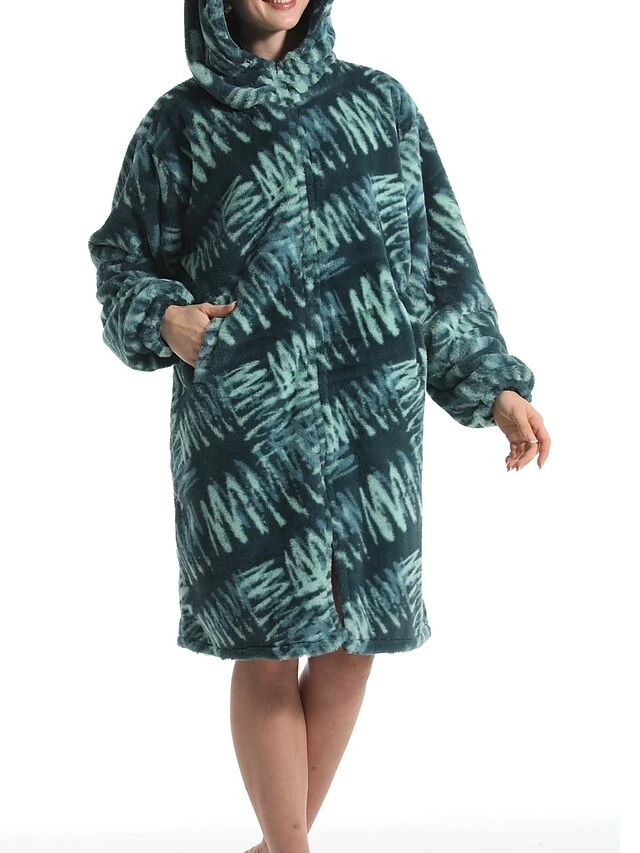 Women's Robe Tie Dye Geometic Plush Casual Comfort Home Daily Bed Flannel Warm Breathable Hoodie Long Sleeve Pocket Fall Winter Green 1 Women's Robe Tie Dye Geometic Plush Casual Comfort Home Daily Bed Flannel Warm Breathable Hoodie Long Sleeve Pocket Fall Winter Green