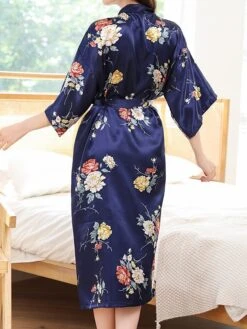 Women's Pajamas Robes Gown Bathrobes Nighty 1 PCS Flower Simple Comfort Kimono Robes Home Wedding Party Spa Satin Gift Long Sleeve Print Belt Included Spring Summer Blue Pink -Deals The Sexy Bra Store cmdwhv1644490235523