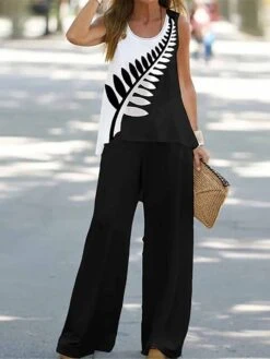 Women's Loungewear Sets Gradient Feather Print Fashion Casual Street Date Airport Polyester Breathable Crew Neck Sleeveless Top And Wide Leg Pants Summer Spring Black White -Deals The Sexy Bra Store cmjqyw1679973750643