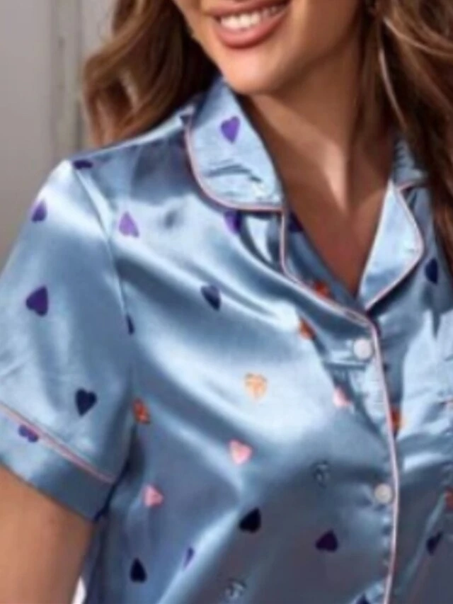 Women's Loungewear Sets Heart Stripe Casual Comfort Soft Home Daily Bed Polyester Breathable Lapel Short Sleeve Shirt Shorts Pocket Elastic Waist Summer Spring Blue And White White 5 Women's Loungewear Sets Heart Stripe Casual Comfort Soft Home Daily Bed Polyester Breathable Lapel Short Sleeve Shirt Shorts Pocket Elastic Waist Summer Spring Blue And White White - Image 5