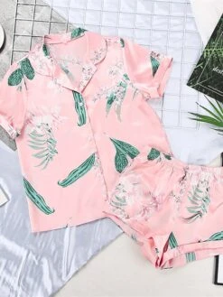 Women's Pajamas Pajama Top And Pant Sets Letter Fruit Simple Casual Comfort Home Daily Bed Satin Breathable Lapel Short Sleeve Shirt Shorts Button Spring Summer Light Pink White -Deals The Sexy Bra Store cmoikn1642412408856