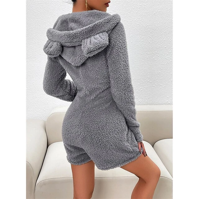Women's Hooded Teddy Romper Pajamas Solid Warm Fashion Simple Street Daily Vacation Hoodie Long Sleeve Fall Winter Black Purple 2 Women's Hooded Teddy Romper Pajamas Solid Warm Fashion Simple Street Daily Vacation Hoodie Long Sleeve Fall Winter Black Purple - Image 2