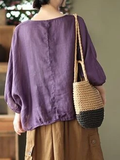 Women's Plus Size Loungewear Top Pure Color Simple Casual Comfort Home Daily Vacation Linen Breathable Crew Neck Long Sleeve Shirt Summer Spring Black Purple -Deals The Sexy Bra Store cnkmqf1681275707948