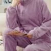 Women's Fleece Pajamas Sets Pure Color Warm Fashion Plush Home Daily Bed Flannel Warm Breathable Stand Collar Long Sleeve Cardigan Pant Fall Winter
