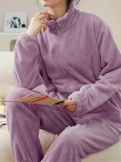 Women's Fleece Pajamas Sets Pure Color Warm Fashion Plush Home Daily Bed Flannel Warm Breathable Stand Collar Long Sleeve Cardigan Pant Fall Winter