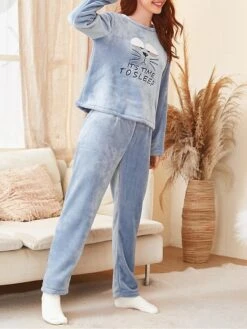 Women's Fuzzy Pajamas Sets Cartoon Cat Fashion Casual Soft Home Daily Bed Flannel Breathable Crew Neck Long Sleeve Pant Fall Winter Blue -Deals The Sexy Bra Store cokyxo1689581347197
