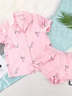Women's Pajamas Pajama Top And Pant Sets Letter Fruit Simple Casual Comfort Home Daily Bed Satin Breathable Lapel Short Sleeve Shirt Shorts Button Spring Summer Light Pink White -Deals The Sexy Bra Store cqpzdb1642412410703