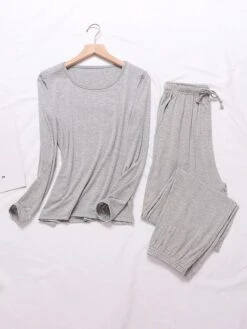 Women's Pajamas Sets Pure Color Casual Comfort Soft Home Daily Vacation Modal Crew Neck Long Sleeve T Shirt Tee Pocket Fall Winter Light Pink Matcha Green -Deals The Sexy Bra Store crkopy1693467422041