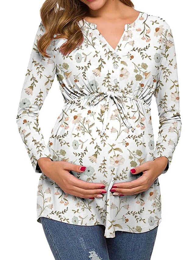 Women's Maternity Tops Pregnancy Shirts Floral Pattern Casual Comfort Pastoral Home Daily Vacation Cotton Breathable V Wire Long Sleeve Fall Winter White Light Green 3 Women's Maternity Tops Pregnancy Shirts Floral Pattern Casual Comfort Pastoral Home Daily Vacation Cotton Breathable V Wire Long Sleeve Fall Winter White Light Green - Image 3