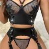 Women'S Sexy Black Hollow Patent Leather Underwear Sexy Set