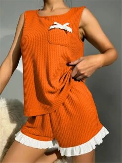 Women's Pajamas Pajama Top And Pant Sets Pure Color Simple Casual Soft Home Daily Bed Waffle Fabric Breathable Crew Neck Sleeveless Shorts Summer Spring Yellow Pink -Deals The Sexy Bra Store ctvniq1679451495484