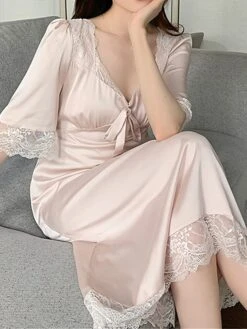 Women's Satin Silk Nightgown Pajamas Nightshirt Dress Pure Color Casual Comfort Sweet Home Daily Bed Lace Breathable V Wire Chest Pads Fall Winter Short Sleeve White Short Sleeve Black