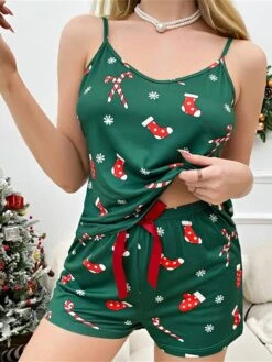 Women's Christmas Pajama Sets Snowflake Fashion Comfort Soft Home Daily Polyester Breathable Straps Sleeveless Strap Top Shorts Elastic Waist Summer Spring Green -Deals The Sexy Bra Store czovgk1696232033900