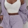 Women's Loungewear Sets 3 Pieces Pure Color Sport Plush Casual Home Daily Bed Cotton Blend Breathable V Wire Long Sleeve Shorts Elastic Waist Fall Winter Pink Purple