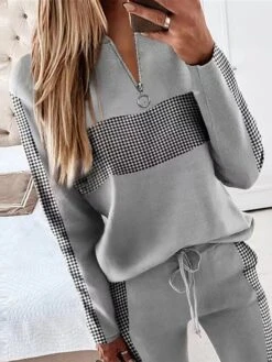Women's Lounge Sets 2Pcs Zipper Neckline Top And Elastic Drawstring Pants Sets Fashion Casual Soft Home Daily Bed Polyester Breathable V Wire Long Sleeve Pant Summer Fall Gray -Deals The Sexy Bra Store daejyq1689506554217