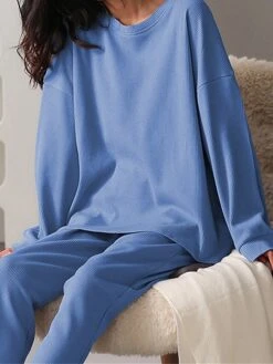 Women's Loungewear Sets Pure Color Fashion Casual Comfort Street Daily Going Out Cotton Breathable Crew Neck Long Sleeve Pant Summer Fall Blue Green -Deals The Sexy Bra Store dbbaao1693300616482