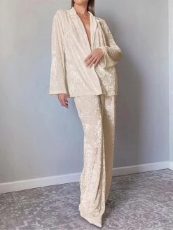 Women's Pajamas Sets Pure Color Warm Fashion Casual Home Daily Bed Velvet Warm Breathable Lapel Long Sleeve Shirt Pant Button Fall Winter Beige -Deals The Sexy Bra Store dbfznh1693206730400