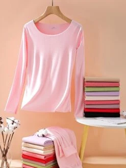 Women's Pajamas Thermal Set Pure Color Warm Fashion Comfort Home Daily Bed Polyester Comfort Warm Crew Neck Long Sleeve T Shirt Tee Pant Fall Winter Black Pink -Deals The Sexy Bra Store dbywfo1692927377447