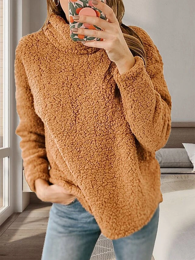 Women's Fleece Turtleneck Lounge Top Pure Color Plush Casual Comfort Home Street Daily Polar Fleece Warm Stand Collar Long Sleeve Pullover Fall Winter Black White 1 Women's Fleece Turtleneck Lounge Top Pure Color Plush Casual Comfort Home Street Daily Polar Fleece Warm Stand Collar Long Sleeve Pullover Fall Winter Black White