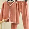 Women's Pajamas Sets Patchwork Warm Fashion Plush Home Daily Bed Cotton Warm Breathable V Wire Long Sleeve Shirt Pant Button Fall Winter Korean Fans Yellow