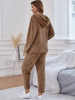 Women's Loungewear Sets Pure Color Maillard Plush Casual Comfort Home Daily Vacation Flannel Warm Hoodie Long Sleeve Cardigan Pant Pocket Fall Winter Khaki -Deals The Sexy Bra Store ddrepa1692182970145
