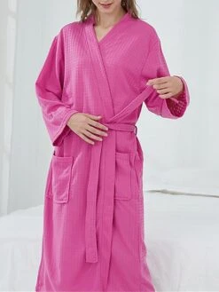Couple's Robe Bathrobe Robes Gown Pure Color Casual Comfort Oversized Home Daily Bed Polyester Breathable V Wire Long Sleeve Summer Fall White Pink -Deals The Sexy Bra Store ddzggc1689581343693