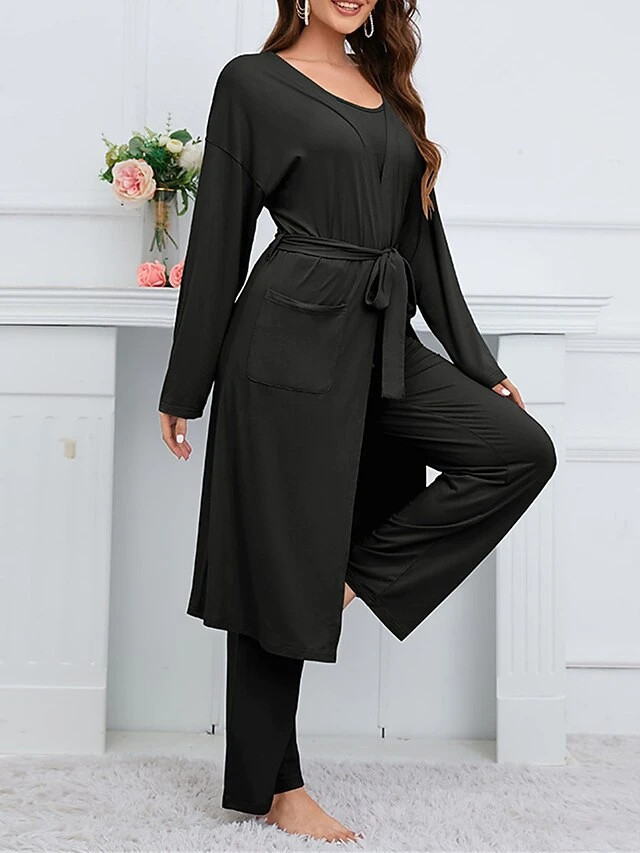 Women's Pajamas Sets 3 Pieces Pure Color Fashion Plush Casual Home Daily Bed Linen Breathable Crew Neck Long Sleeve Robe Top Pant Pocket Fall Winter Black Blue 15 Women's Pajamas Sets 3 Pieces Pure Color Fashion Plush Casual Home Daily Bed Linen Breathable Crew Neck Long Sleeve Robe Top Pant Pocket Fall Winter Black Blue - Image 15