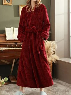 Women's Pajamas Robe Bathrobe Pure Color Plush Casual Comfort Home Daily Bed Polyester Warm V Wire Long Sleeve Fall Winter White Pink -Deals The Sexy Bra Store deyjmm1695290559747