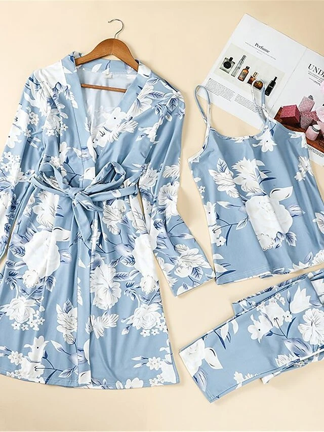 Women's Satin Silk Pajamas Sets 3 Pieces Flower Fashion Casual Soft Home Daily Bed Polyester Breathable Straps Sleeveless Strap Top Pant Elastic Waist Summer Fall Black Pink 1 Women's Satin Silk Pajamas Sets 3 Pieces Flower Fashion Casual Soft Home Daily Bed Polyester Breathable Straps Sleeveless Strap Top Pant Elastic Waist Summer Fall Black Pink