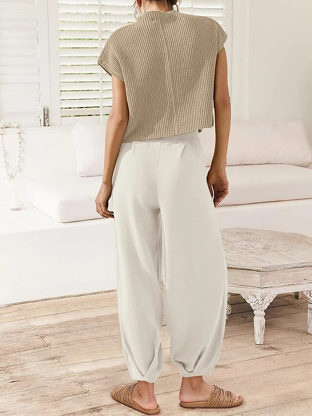 Women's Knit Lounge Sets Top And High Waisted Pants Pure Color Casual Comfort Soft Home Street Daily Polyester Breathable Stand Collar Short Sleeve Sweater Pant Pocket Summer Fall Black Brown 4 Women's Knit Lounge Sets Top And High Waisted Pants Pure Color Casual Comfort Soft Home Street Daily Polyester Breathable Stand Collar Short Sleeve Sweater Pant Pocket Summer Fall Black Brown - Image 4