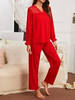 Women's Loungewear Sets Pure Color Simple Casual Comfort Home Daily Bed Polyester Breathable V Wire Long Sleeve Pullover Pant Fall Winter Red -Deals The Sexy Bra Store dgqmmn1694742422937