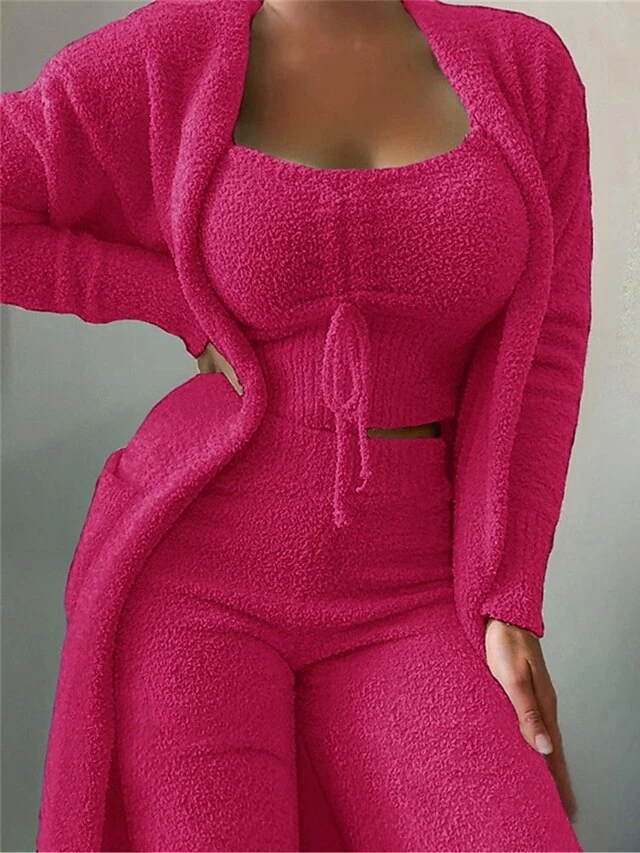 Women's Pajamas Sets 3 Pieces Pure Color Fashion Plush Casual Home Daily Bed Fleece Breathable Straps Long Sleeve Strap Top Pant Fall Winter Black White 6 Women's Pajamas Sets 3 Pieces Pure Color Fashion Plush Casual Home Daily Bed Fleece Breathable Straps Long Sleeve Strap Top Pant Fall Winter Black White - Image 6