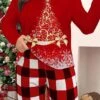 Women's Plus Size Christmas Pajamas Sets Grid / Plaid Trees Warm Comfort Soft Home Christmas Daily Polyester Gift Crew Neck Long Sleeve T Shirt Tee Fall Winter Black Wine