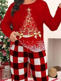 Women's Plus Size Christmas Pajamas Sets Grid / Plaid Trees Warm Comfort Soft Home Christmas Daily Polyester Gift Crew Neck Long Sleeve T Shirt Tee Fall Winter Black Wine