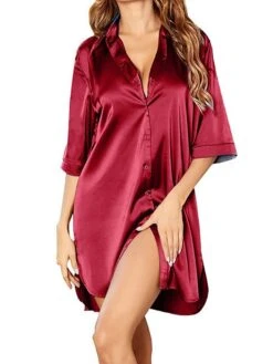 Women's Pajamas Nightgown Dress Pure Color Simple Casual Soft Home Daily Bed Satin Breathable Lapel Half Sleeve Button Spring Summer White Pink -Deals The Sexy Bra Store diamph1677058076404
